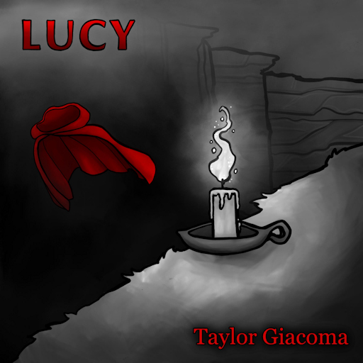 candle on a cliff with a red cloak floating in the air, the words LUCY and by Taylor Giacoma